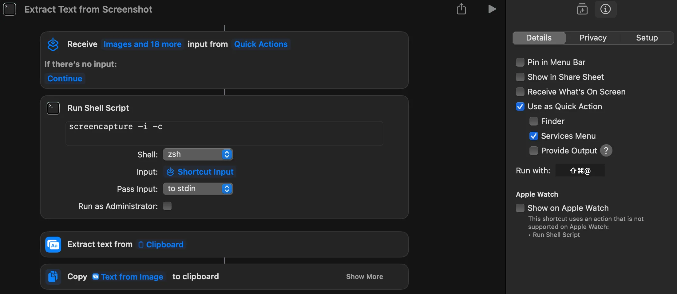 The final Shortcuts workflow showing all actions linked together