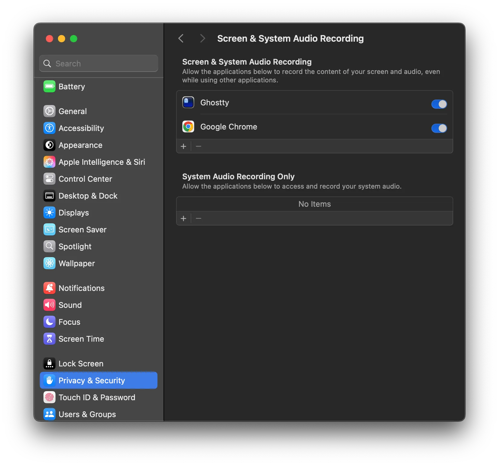 The macOS Screen &amp; System Audio Recording privacy settings page with app toggles enabled