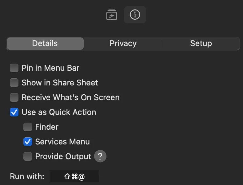 The right sidebar showing Use as Quick Action and Services Menu checked, with the hotkey set to Shift Command @