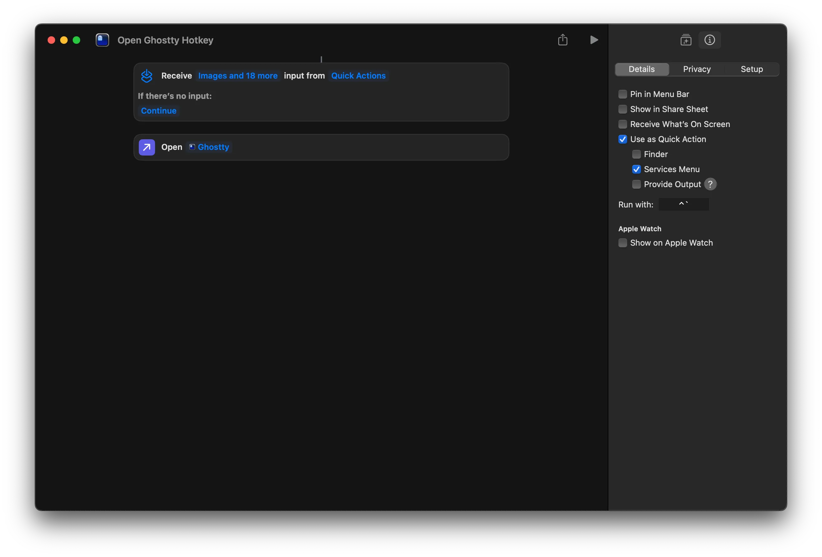 Shortcuts keyboard shortcut field with Ctrl+Backtick registered