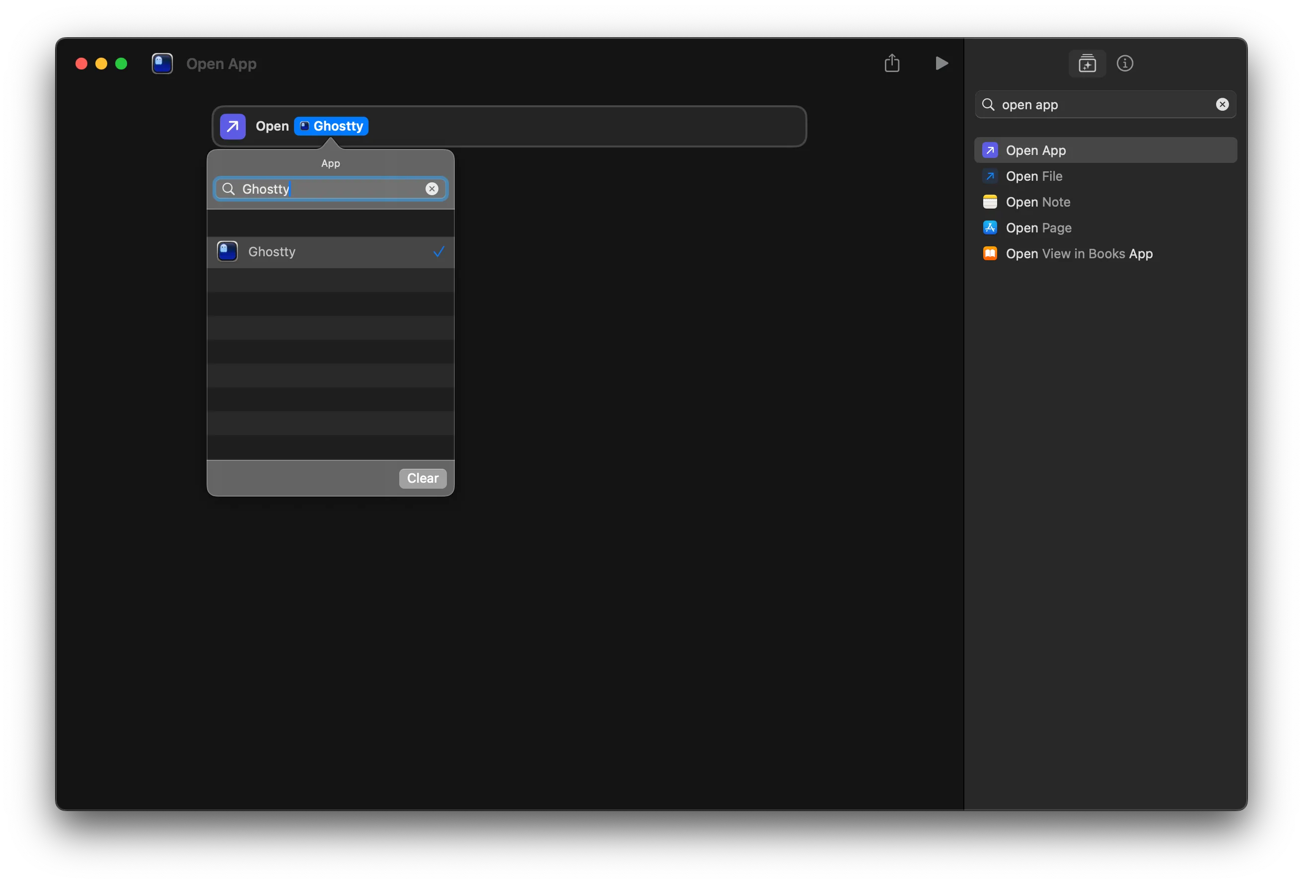 Shortcuts app showing the “Open App” action with Ghostty selected