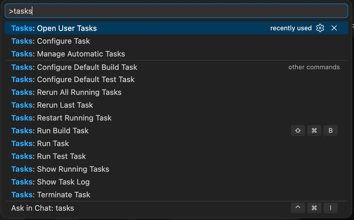 VS Code command palette searching for Tasks: Open User Tasks