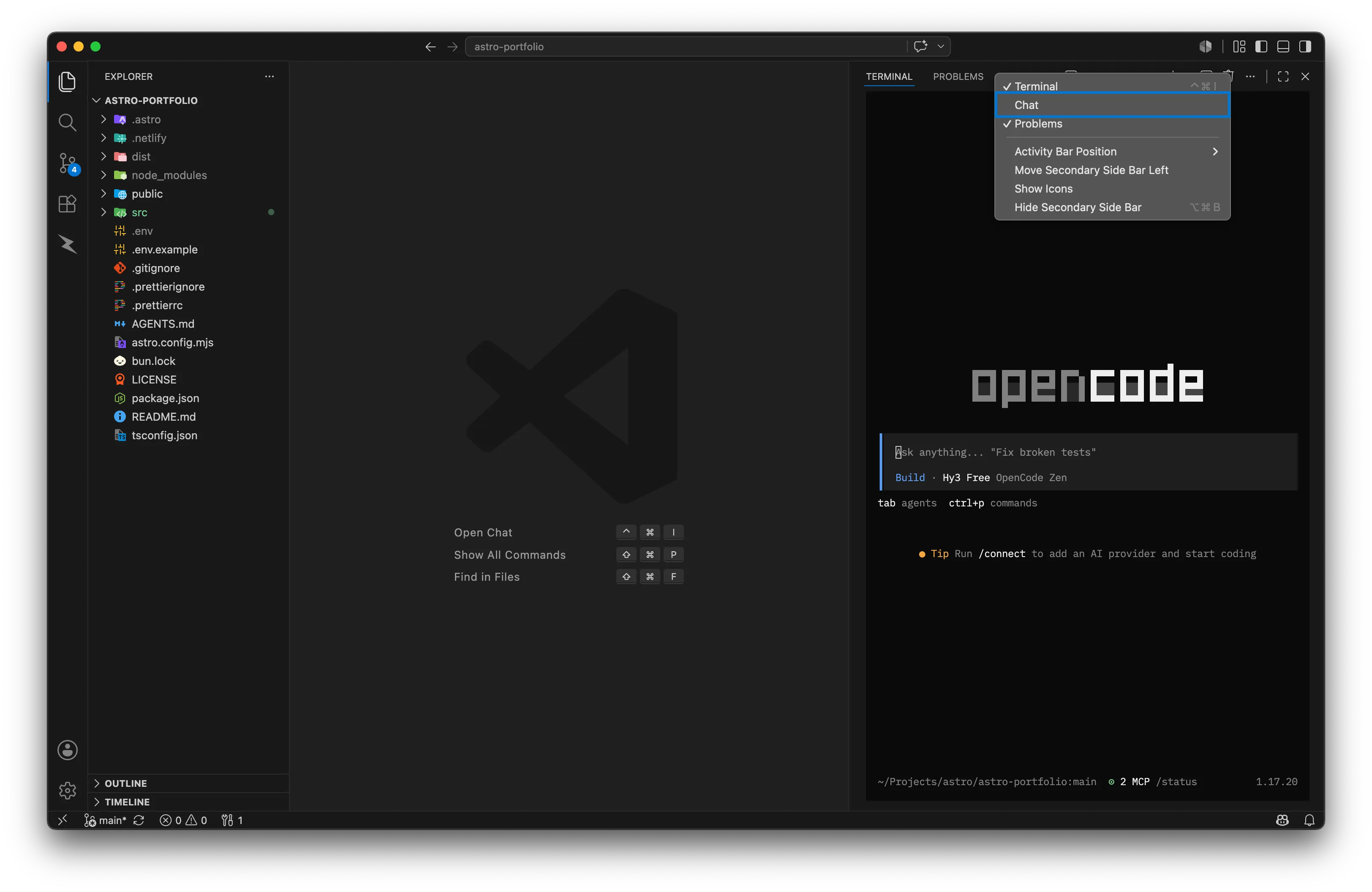 The right sidebar showing Terminal and Problems tabs side by side